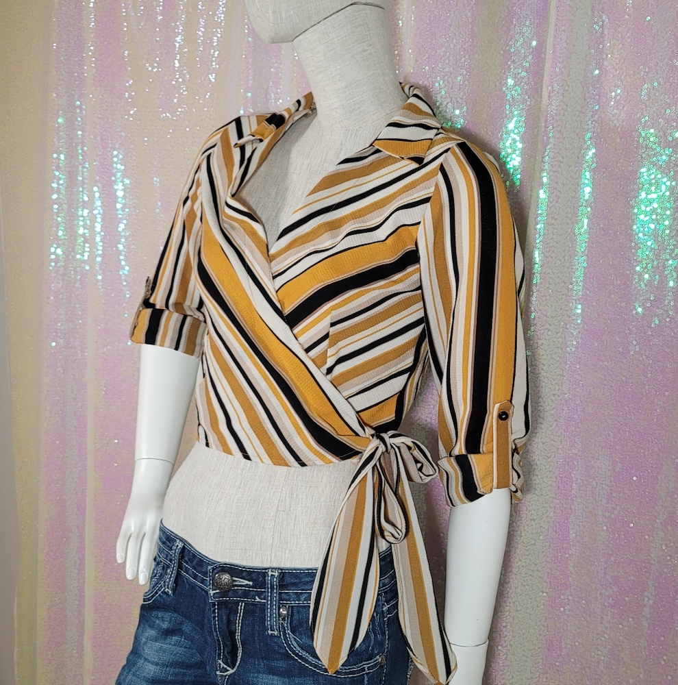 Papaya Yellow and Black Long Sleeve Striped Cropped Wrap Blouse Size S